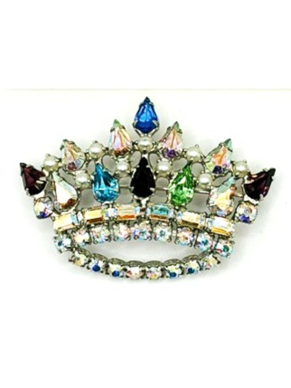Vintage Signed DAVID Crown Brooch AB Rhinestone Faux Pearl Pin